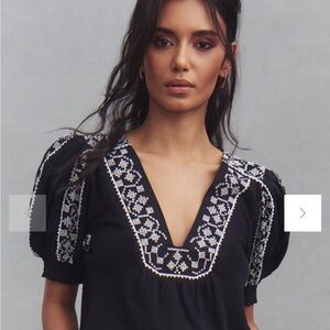 Anthropologie Puff-Sleeve Embroidered Top – Black & White V-Neck Blouse
